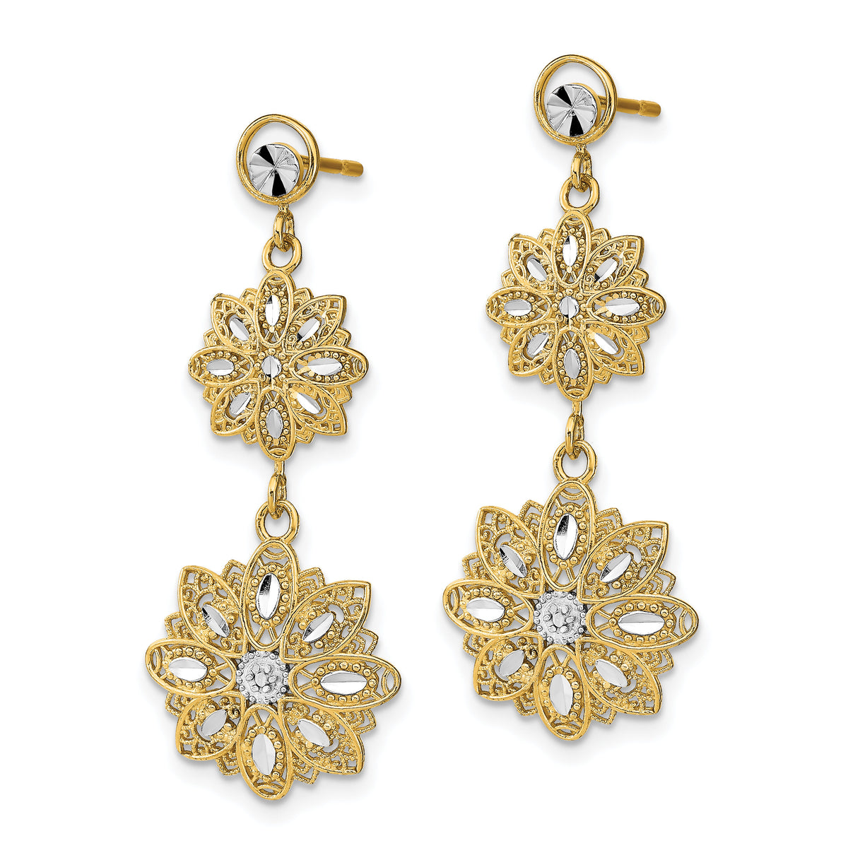 14K w/Rhodium D/C  Filigree Floral Post Dangle Earrings-TE923