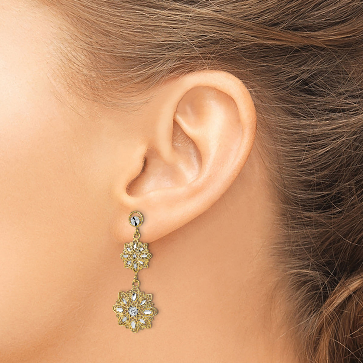 14K w/Rhodium D/C  Filigree Floral Post Dangle Earrings-TE923