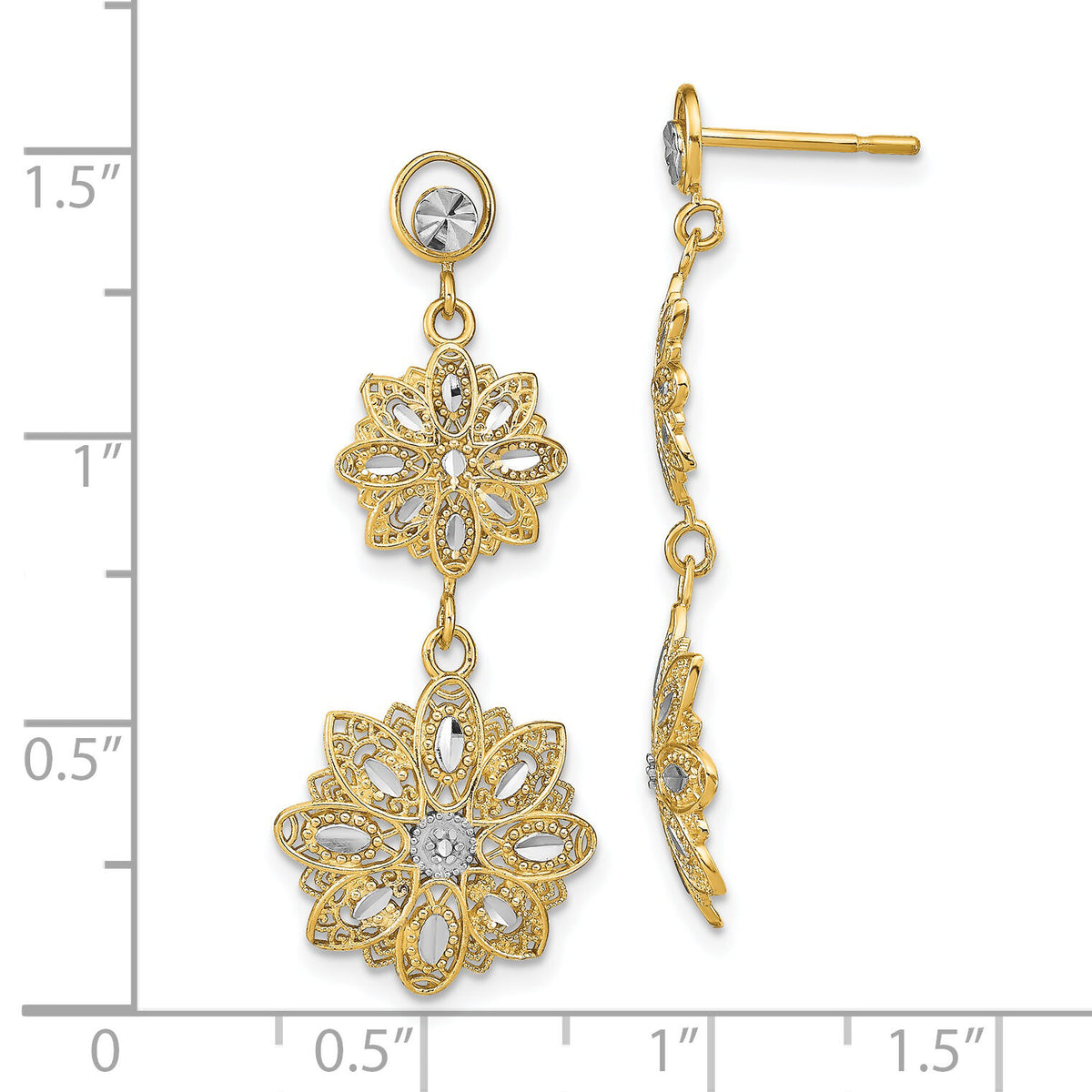 14K w/Rhodium D/C  Filigree Floral Post Dangle Earrings-TE923