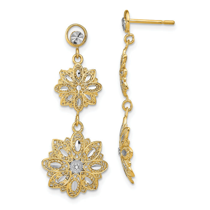 14K w/Rhodium D/C  Filigree Floral Post Dangle Earrings-TE923