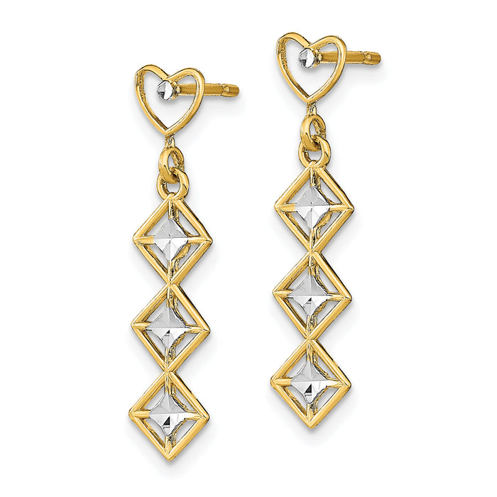 14k w/RH D/C Heart and Diamond Shape Post Dangle Earrings-TE926