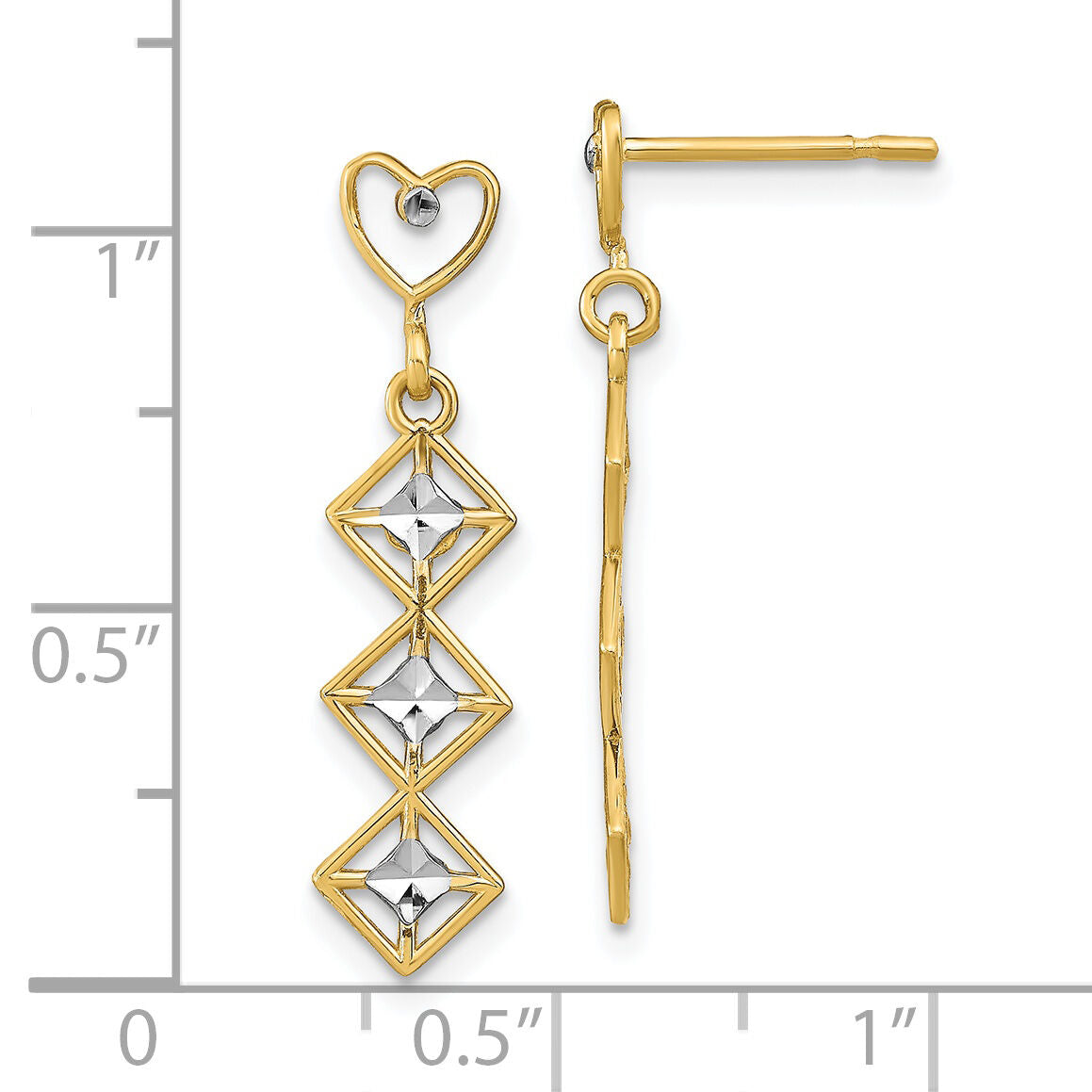 14k w/RH D/C Heart and Diamond Shape Post Dangle Earrings-TE926