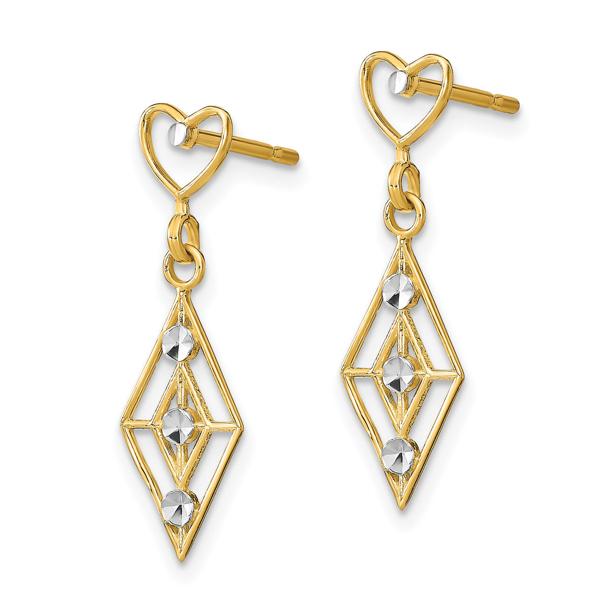 14k w/RH Dia.-cut Diamond Shape Heart Dangle Earrings-TE930