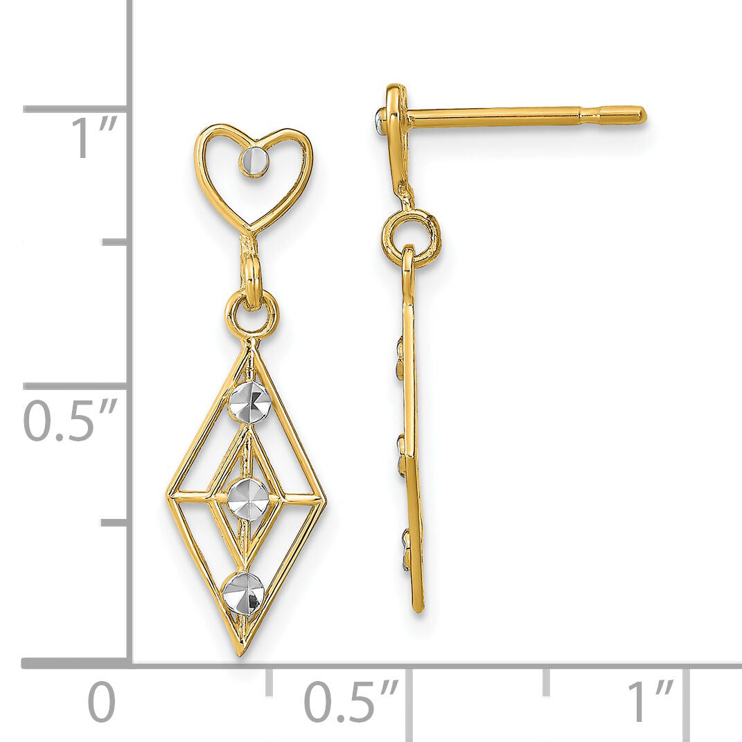 14k w/RH Dia.-cut Diamond Shape Heart Dangle Earrings-TE930