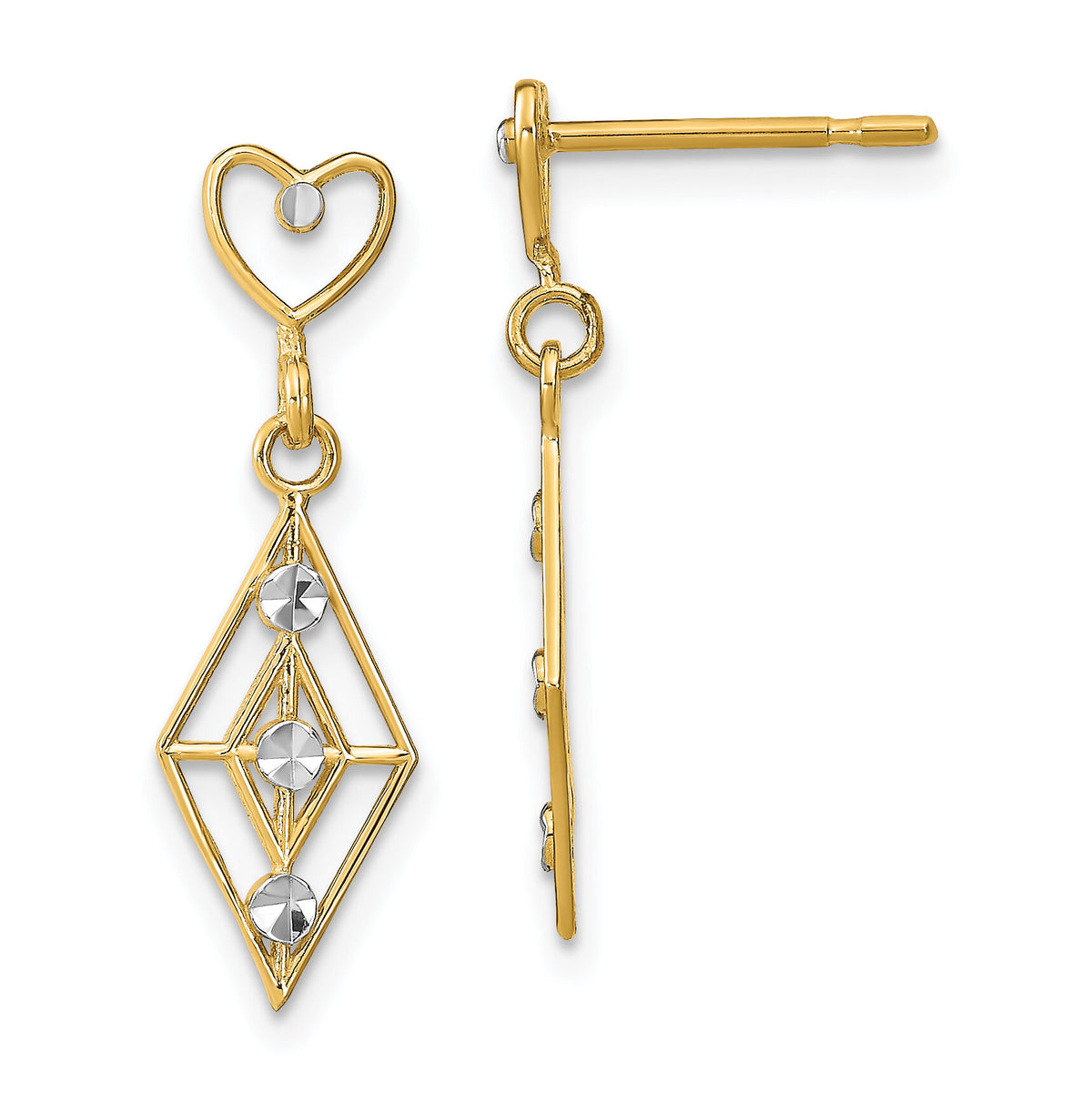 14k w/RH Dia.-cut Diamond Shape Heart Dangle Earrings-TE930