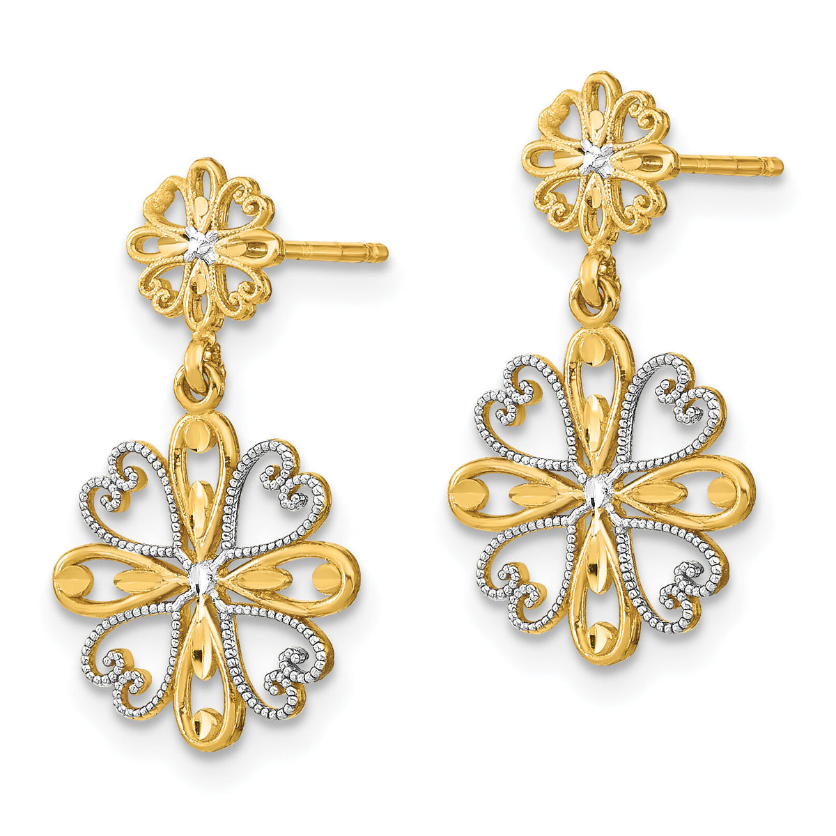 14K w/Rhodium Beaded Heart Petal Floral Dangle Earrings-TE933