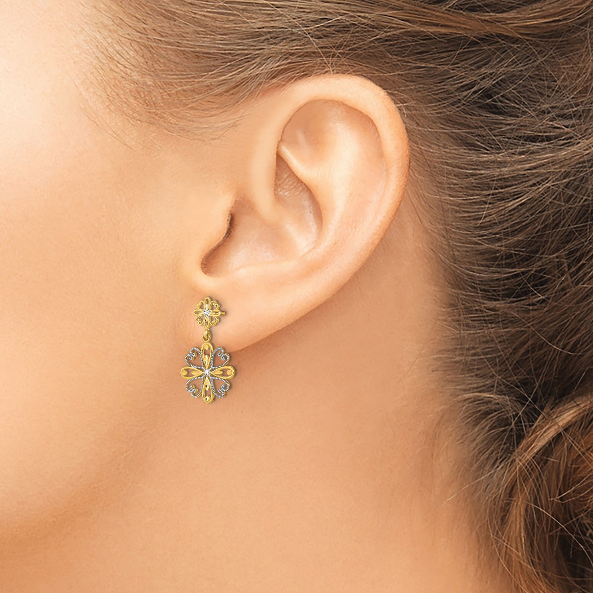 14K w/Rhodium Beaded Heart Petal Floral Dangle Earrings-TE933