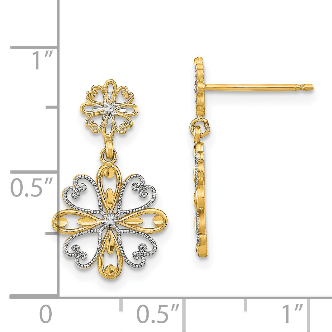 14K w/Rhodium Beaded Heart Petal Floral Dangle Earrings-TE933