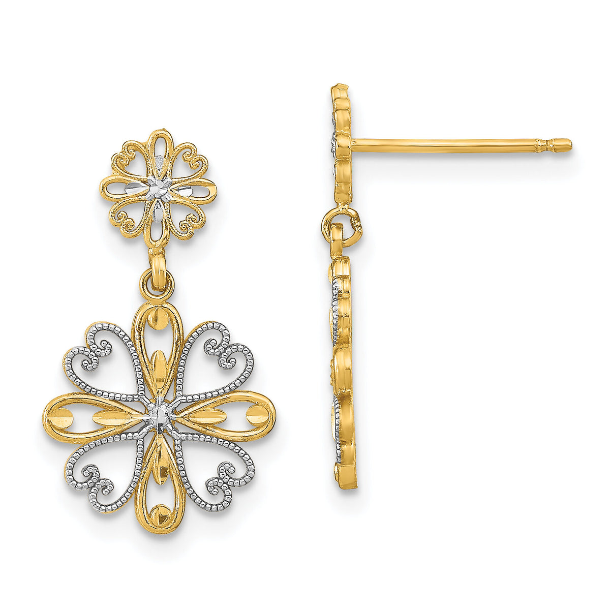 14K w/Rhodium Beaded Heart Petal Floral Dangle Earrings-TE933