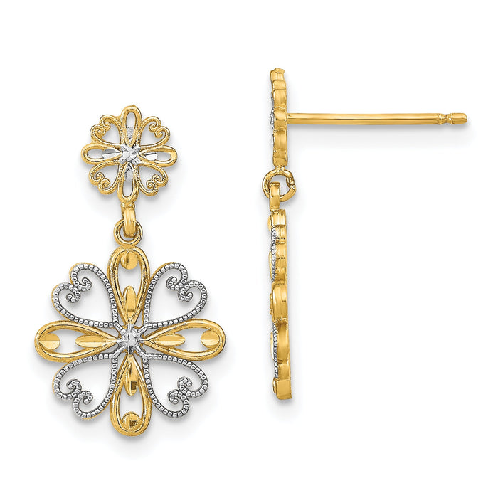 14K w/Rhodium Beaded Heart Petal Floral Dangle Earrings-TE933