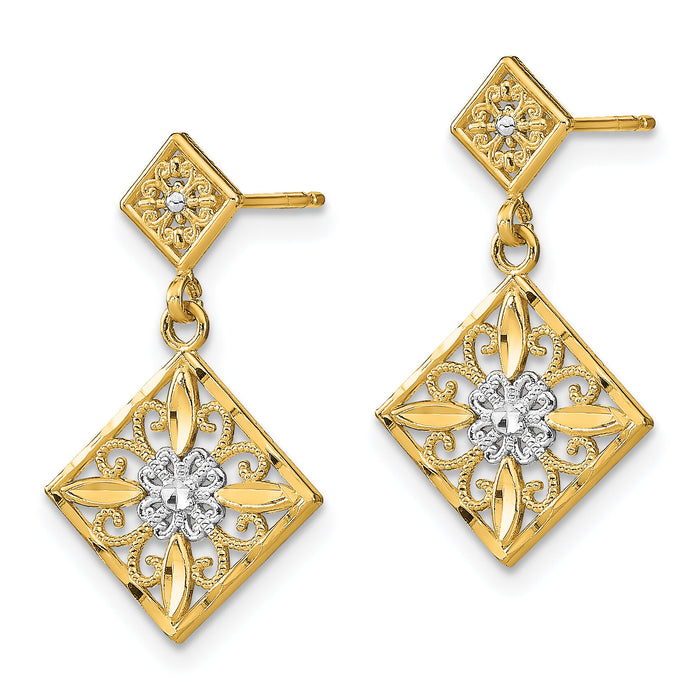 14K w/Rhodium D/C Square Filigree Dangle Earrings-TE934