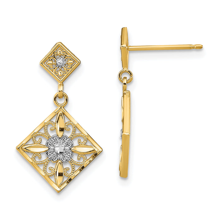 14K w/Rhodium D/C Square Filigree Dangle Earrings-TE934