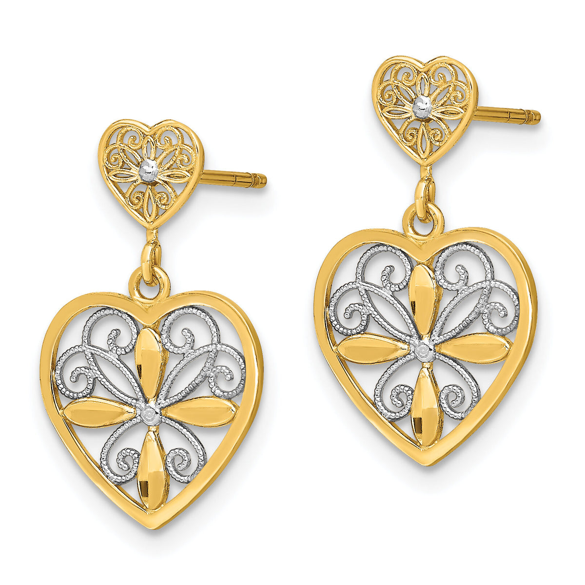 14k w/RH Flower and Heart Beaded Filigree Dangle Earrings-TE935