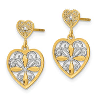 14k w/RH Flower and Heart Beaded Filigree Dangle Earrings-TE935