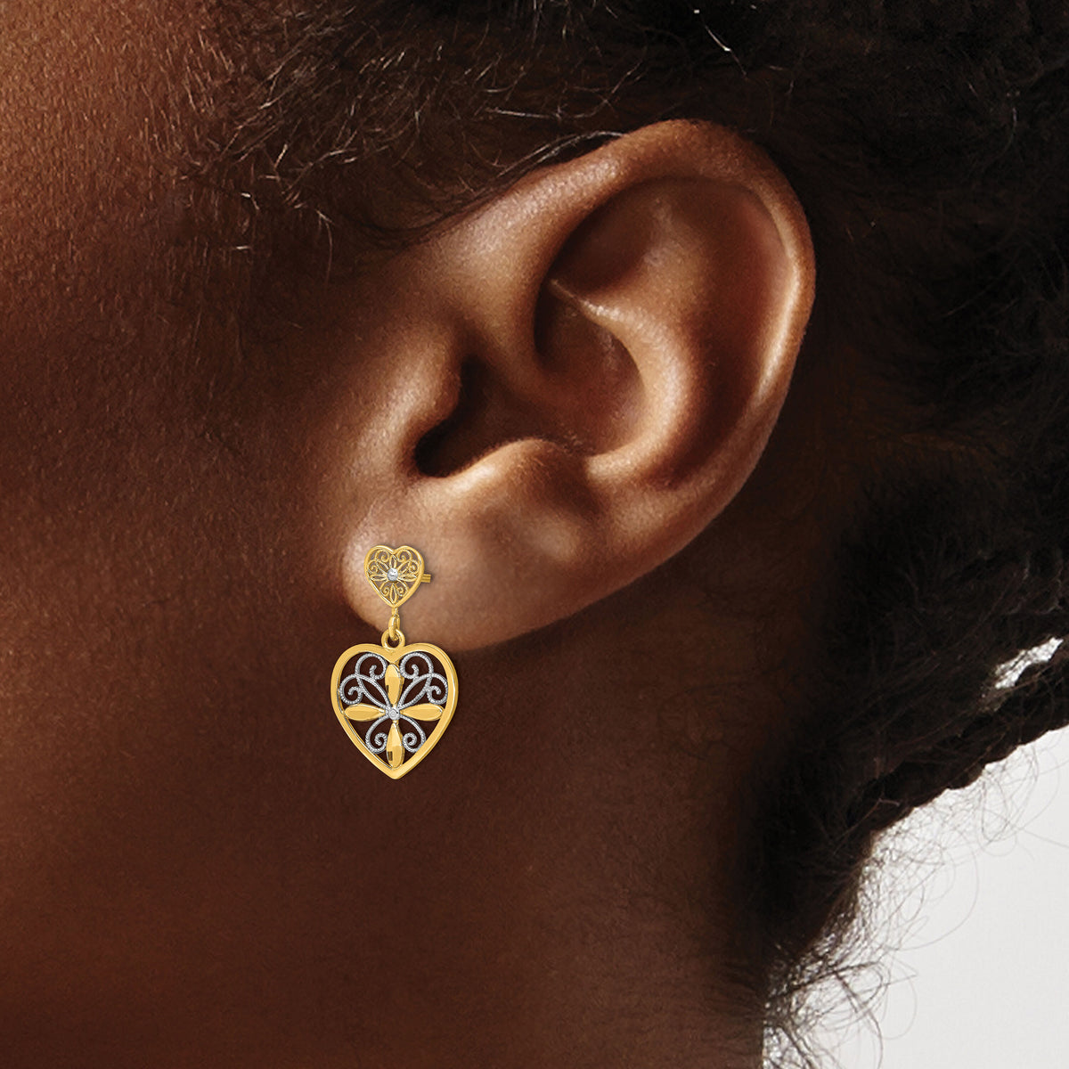 14k w/RH Flower and Heart Beaded Filigree Dangle Earrings-TE935