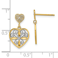14k w/RH Flower and Heart Beaded Filigree Dangle Earrings-TE935