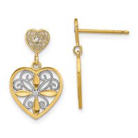 14k w/RH Flower and Heart Beaded Filigree Dangle Earrings-TE935