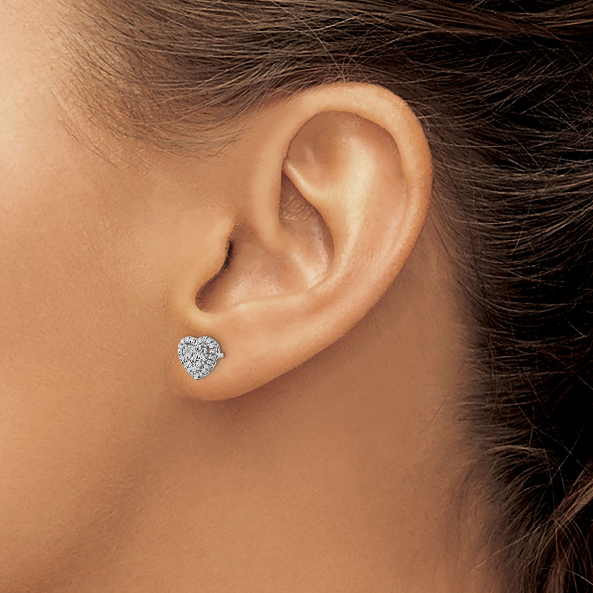 14k White Polished Diamond-cut Heart Post Earrings-TE962