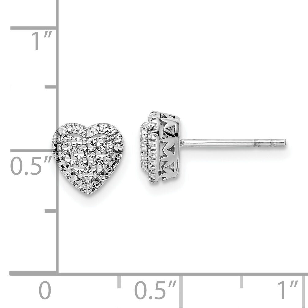 14k White Polished Diamond-cut Heart Post Earrings-TE962