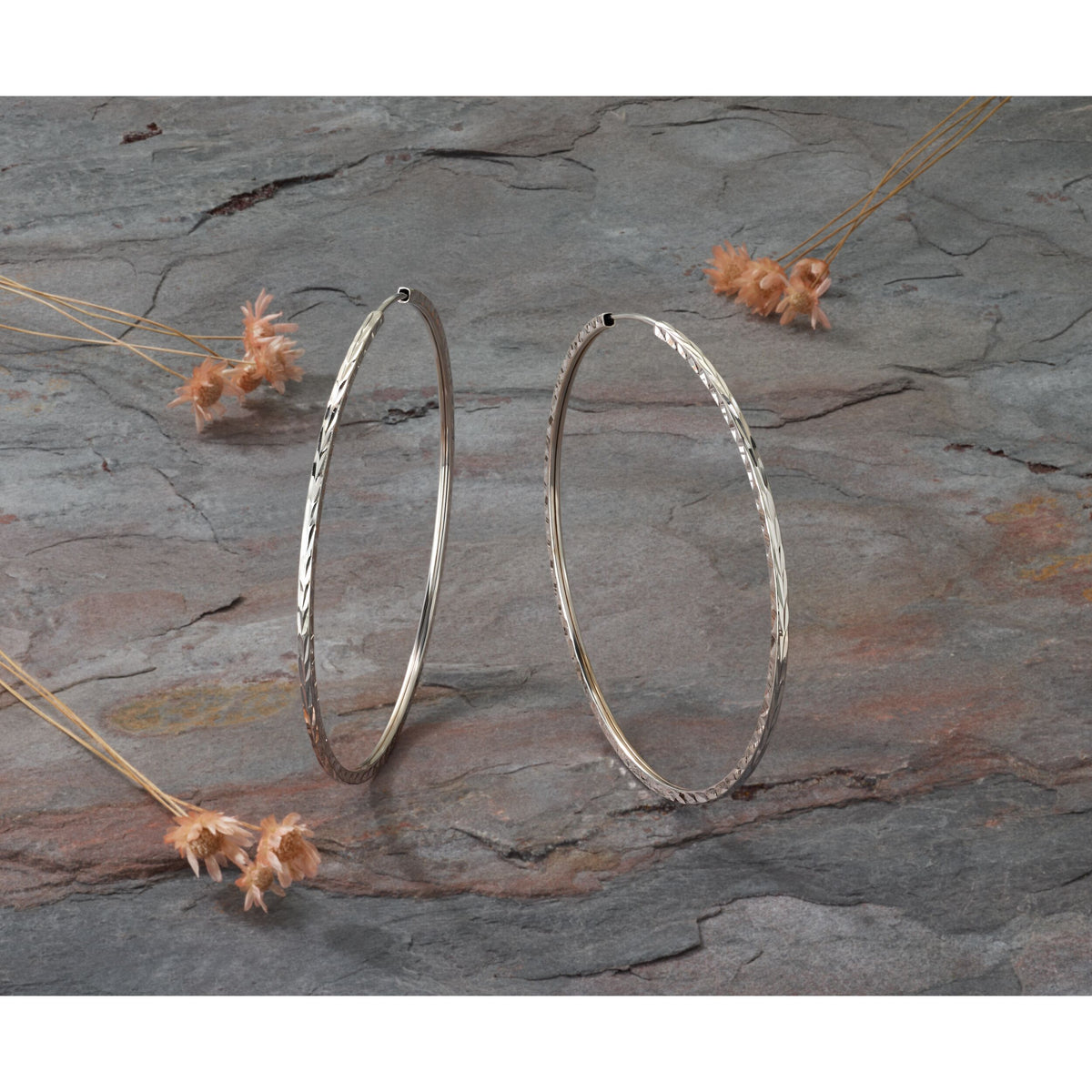 14k White Gold 1.35mm Diamond-cut Square Tube Endless Hoop Earrings-TF1001W