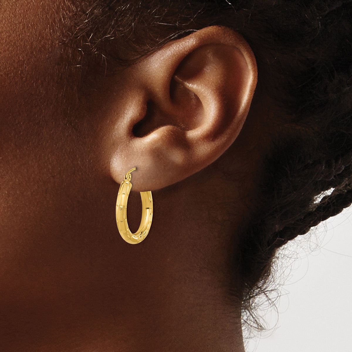 14k Polished Satin and Diamond-cut Hoop Earrings-TF1010