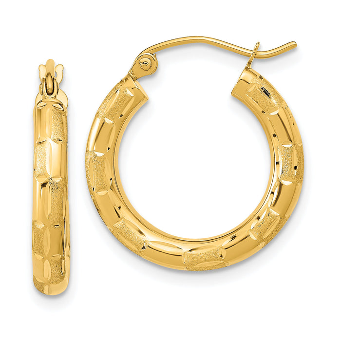14k Polished Satin and Diamond-cut Hoop Earrings-TF1010