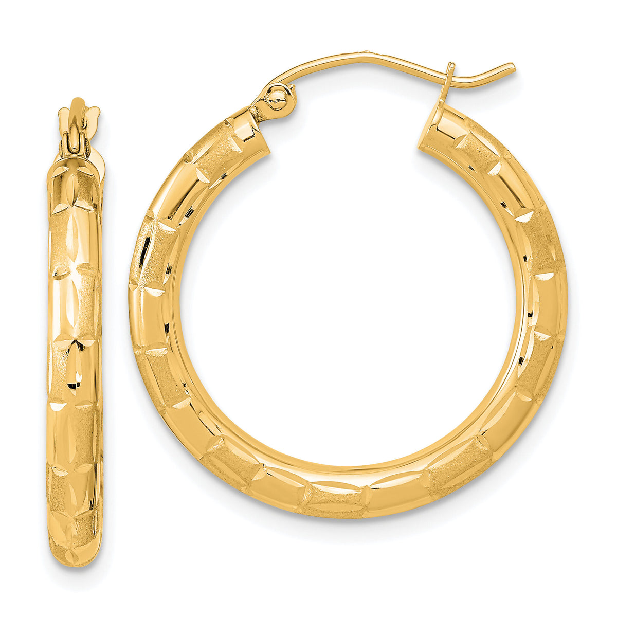 14k Polished Satin and Diamond-cut Hoop Earrings-TF1011