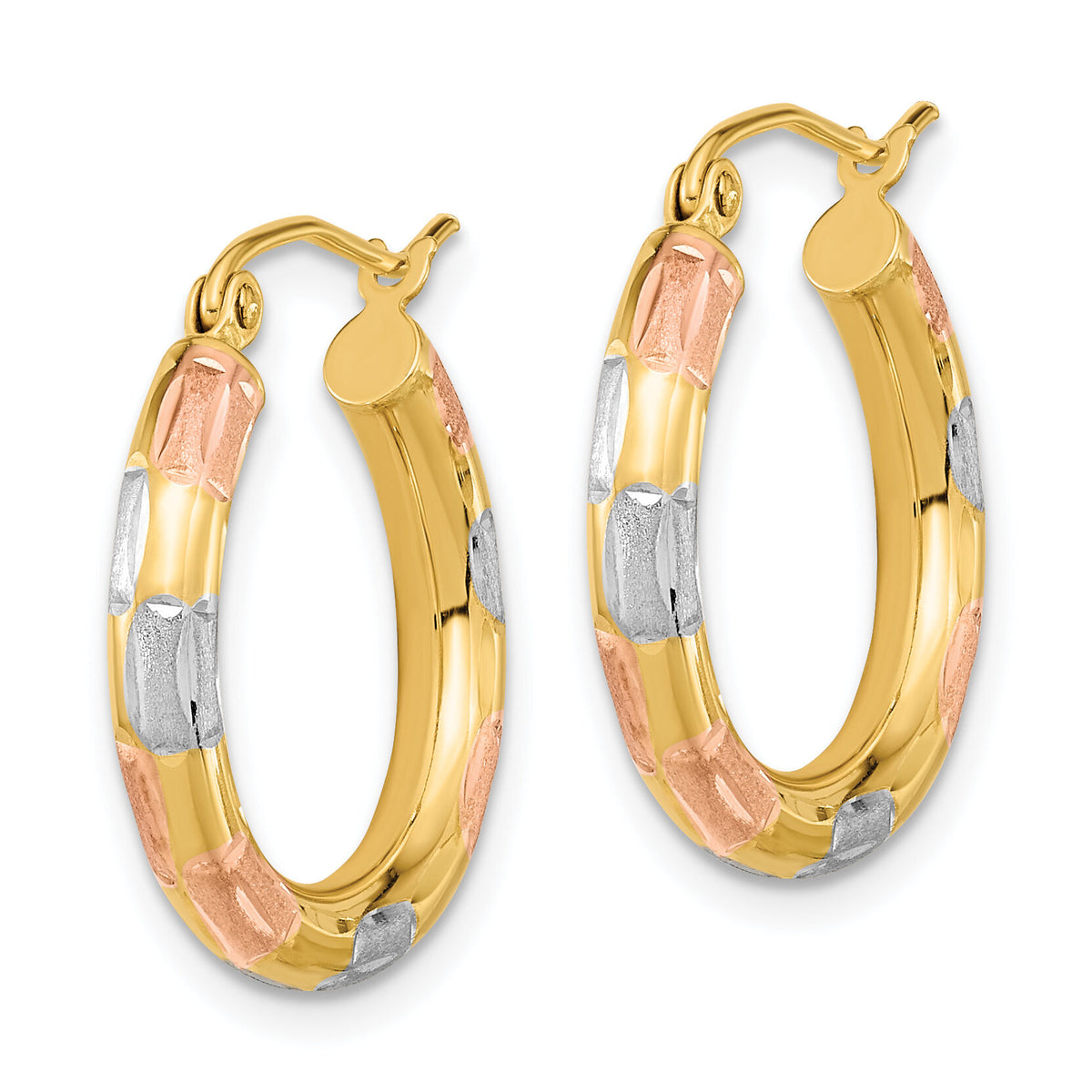 14k w/White and Rose Rhodium Polished Satin Diamond-cut Hoop Earrings-TF1018