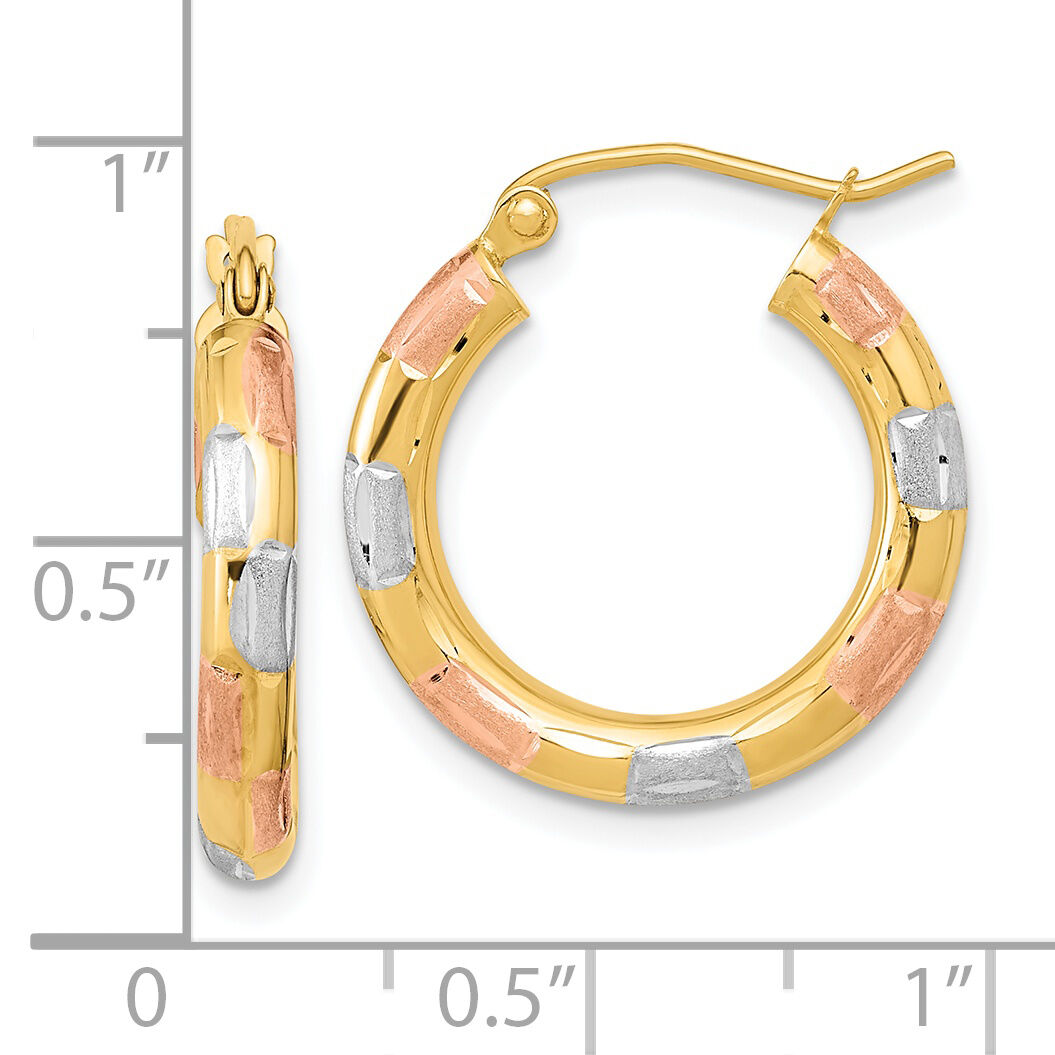14k w/White and Rose Rhodium Polished Satin Diamond-cut Hoop Earrings-TF1018