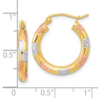 14k w/White and Rose Rhodium Polished Satin Diamond-cut Hoop Earrings-TF1018