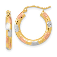 14k w/White and Rose Rhodium Polished Satin Diamond-cut Hoop Earrings-TF1018