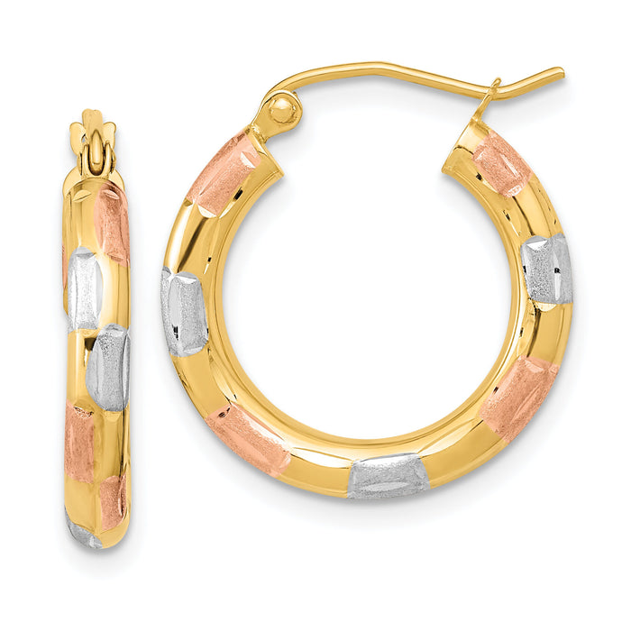 14k w/White and Rose Rhodium Polished Satin Diamond-cut Hoop Earrings-TF1018