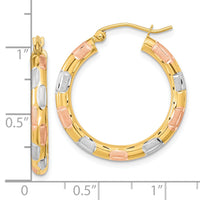 14k w/White and Rose Rhodium Polished Satin Diamond-cut Hoop Earrings-TF1019