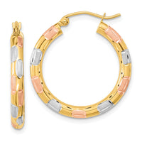 14k w/White and Rose Rhodium Polished Satin Diamond-cut Hoop Earrings-TF1019