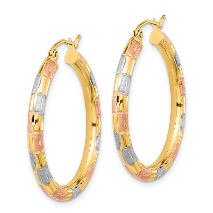 14k w/ White and Rose Rhodium Polished Satin Diamond-cut Hoop Earrings-TF1020