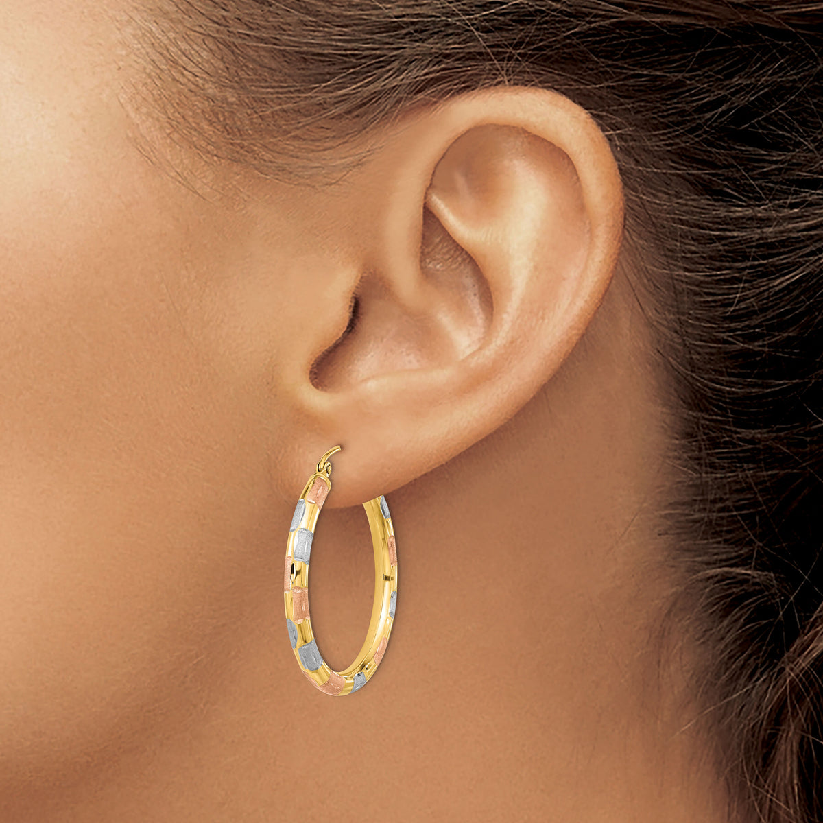14k w/ White and Rose Rhodium Polished Satin Diamond-cut Hoop Earrings-TF1020