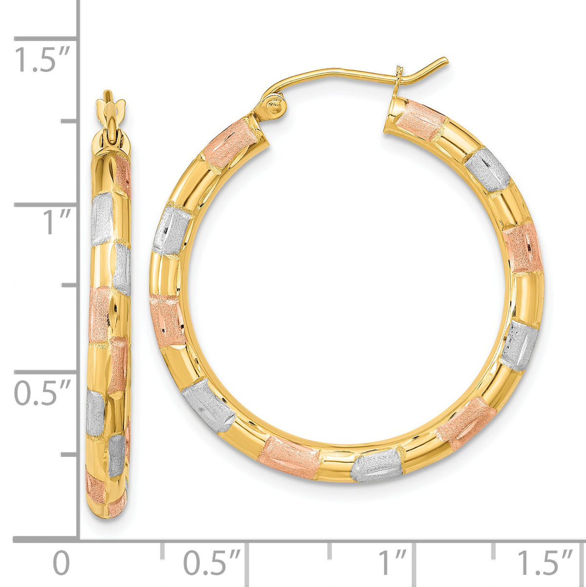 14k w/ White and Rose Rhodium Polished Satin Diamond-cut Hoop Earrings-TF1020