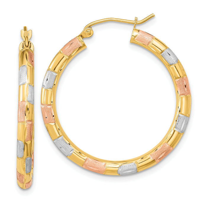 14k w/ White and Rose Rhodium Polished Satin Diamond-cut Hoop Earrings-TF1020