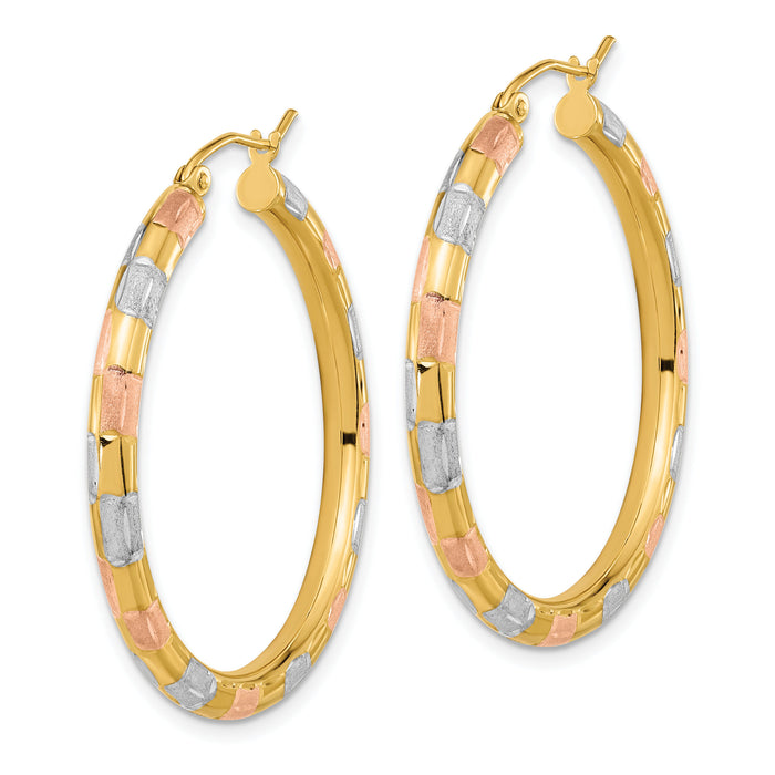 14k w/ White and Rose Rhodium Polished Satin Diamond-cut Hoop Earrings-TF1021