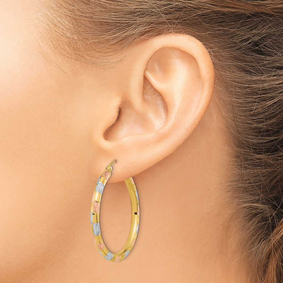 14k w/ White and Rose Rhodium Polished Satin Diamond-cut Hoop Earrings-TF1021