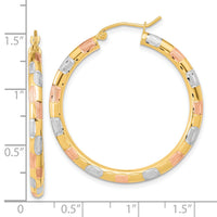 14k w/ White and Rose Rhodium Polished Satin Diamond-cut Hoop Earrings-TF1021