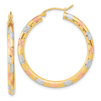 14k w/ White and Rose Rhodium Polished Satin Diamond-cut Hoop Earrings-TF1021