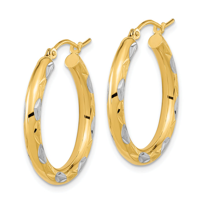 14k White Rhodium Polished Satin and Diamond-cut Hoop Earrings-TF1022