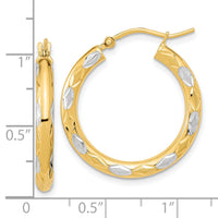 14k White Rhodium Polished Satin and Diamond-cut Hoop Earrings-TF1022