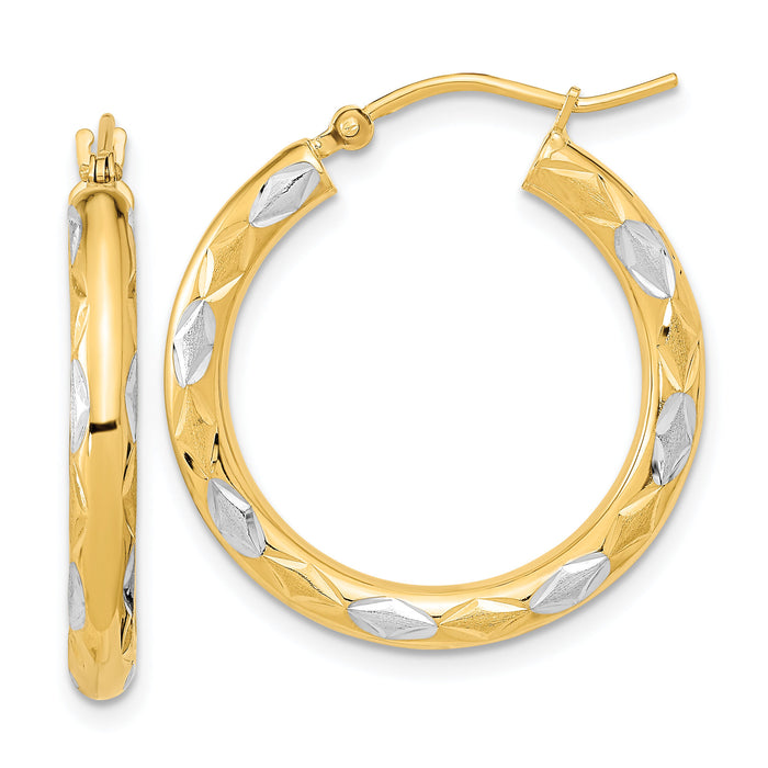 14k White Rhodium Polished Satin and Diamond-cut Hoop Earrings-TF1022