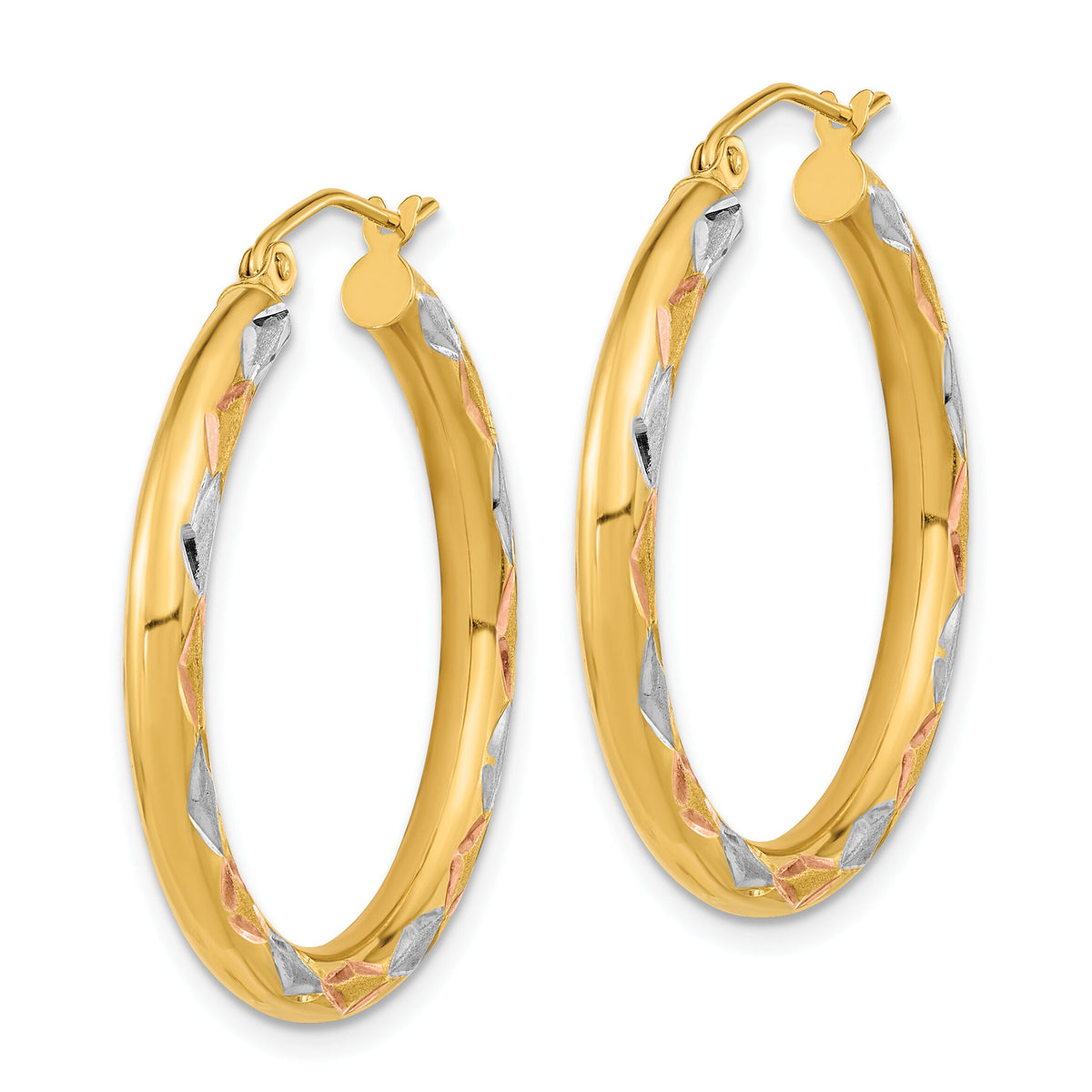 14k White Rhodium Polished Satin and Diamond-cut Hoop Earrings-TF1025