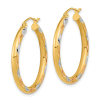 14k White Rhodium Polished Satin and Diamond-cut Hoop Earrings-TF1025