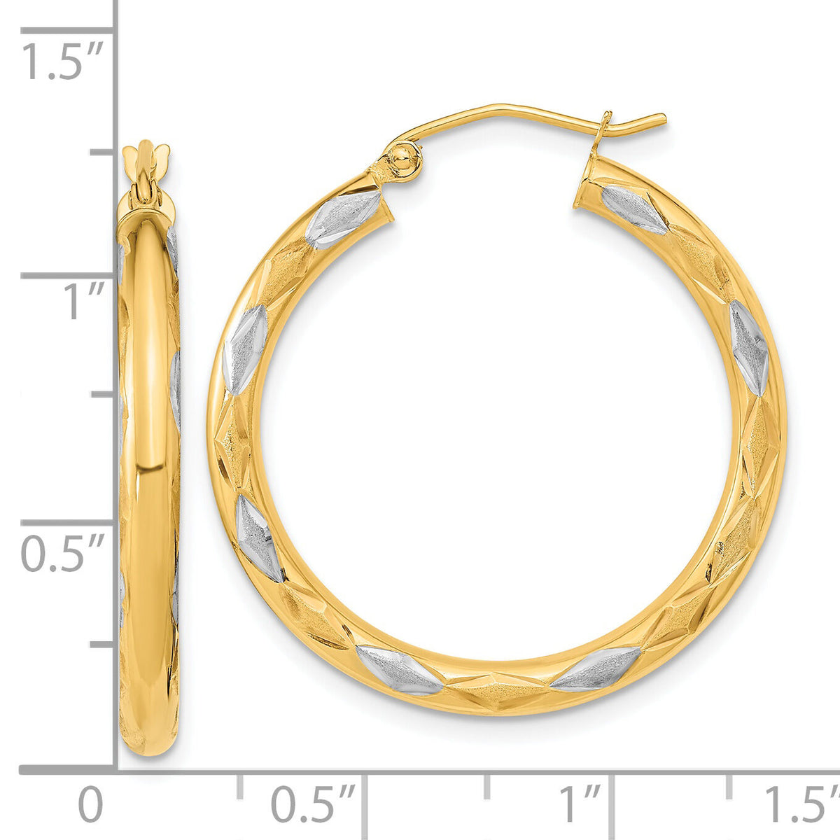 14k White Rhodium Polished Satin and Diamond-cut Hoop Earrings-TF1025