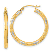 14k White Rhodium Polished Satin and Diamond-cut Hoop Earrings-TF1025
