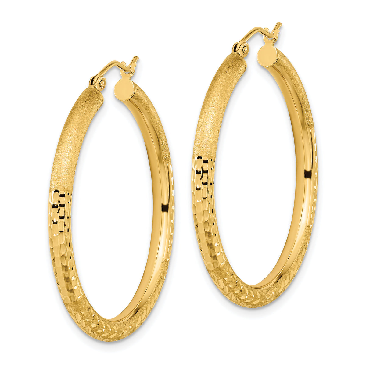 14k Polished Satin and Diamond-cut Hoop Earrings-TF1041